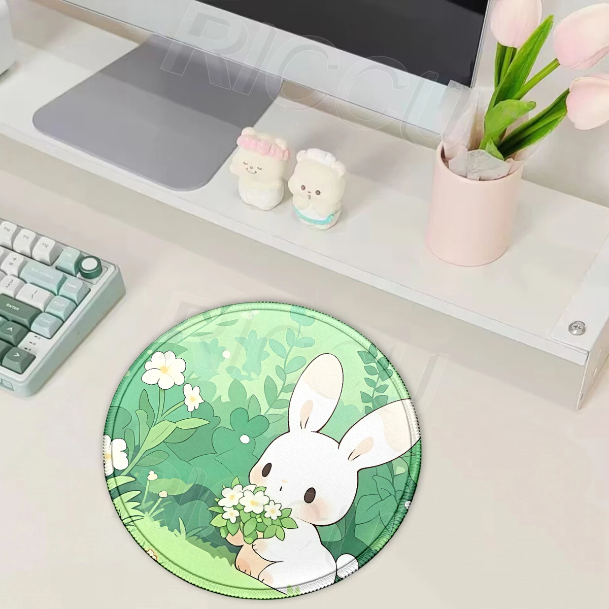 Cute Rabbit Green Plants Mouse Pad Kawaii PC Round Non-Slip Desk Mat Office Accessories Keyboard XS Mousepad Gaming Cabinet Rug
