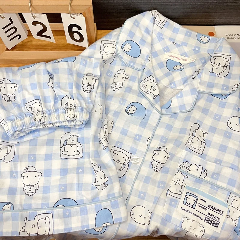 Cute Little Dog Plaid Sleepwear Women's Cotton Short Sleeve Home Clothes Set Summer Pure Cotton Student Home Uniforms