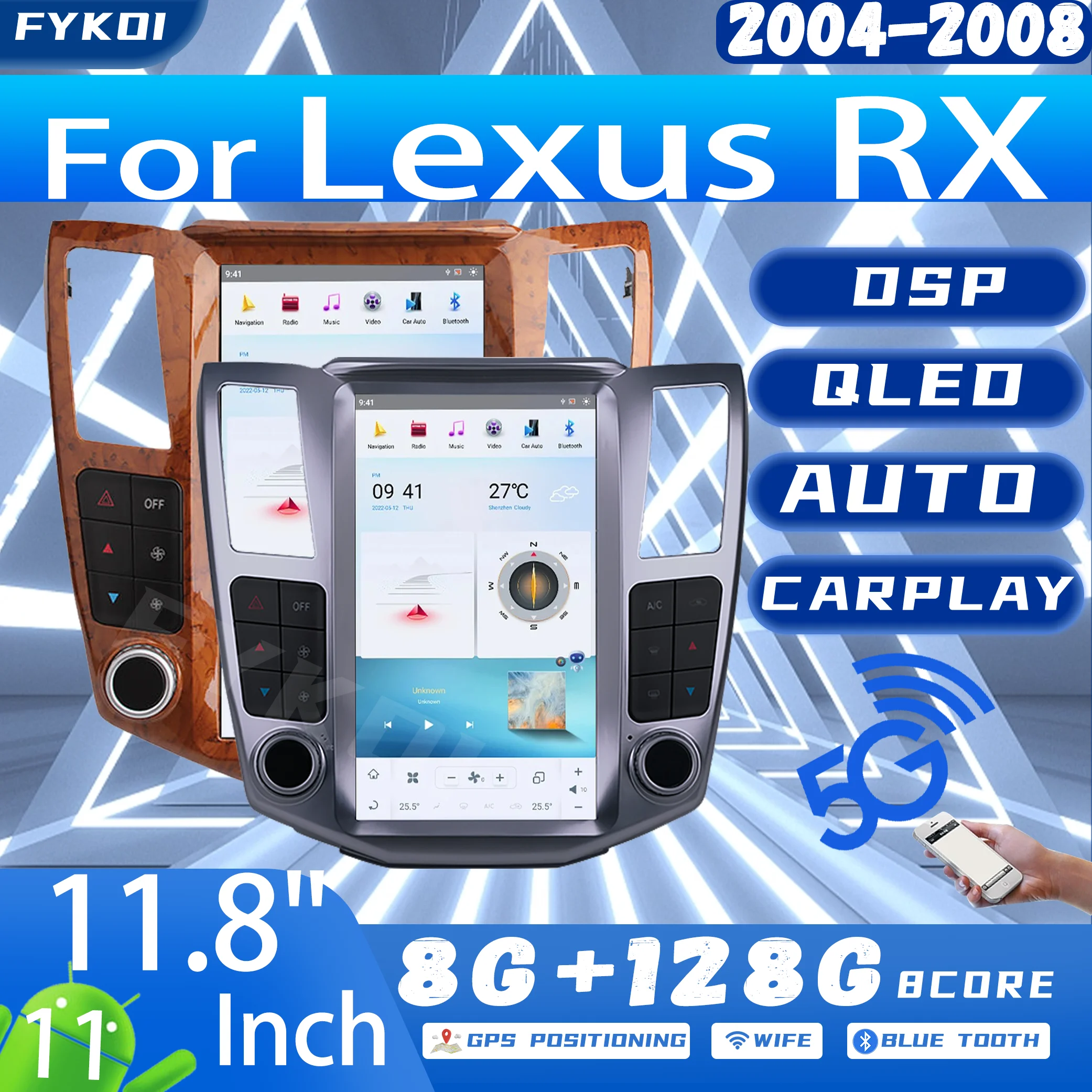 FYKOI Car Radio For Lexus RX RX300 RX330 RX350 RX400H 2004-2008 Automotive Multimedia Carplay Android Auto Tesla Style 4G Stereo