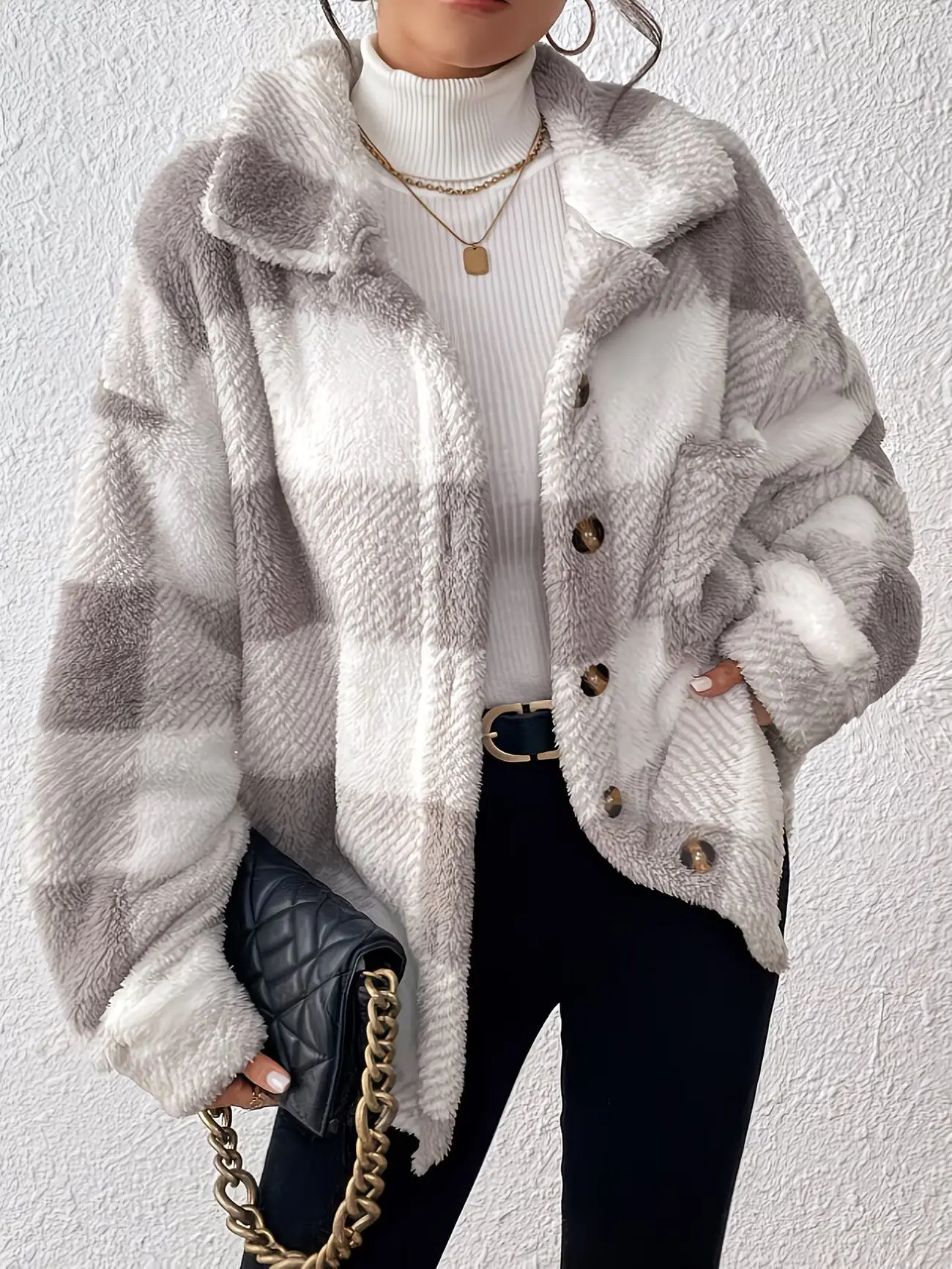 Womens Oversized Plaid Sherpa Jacket Fluffy Fuzzy Long Sleeve Button Up Casual Check Shacket Autumn Winter Warm Coat With Pocket