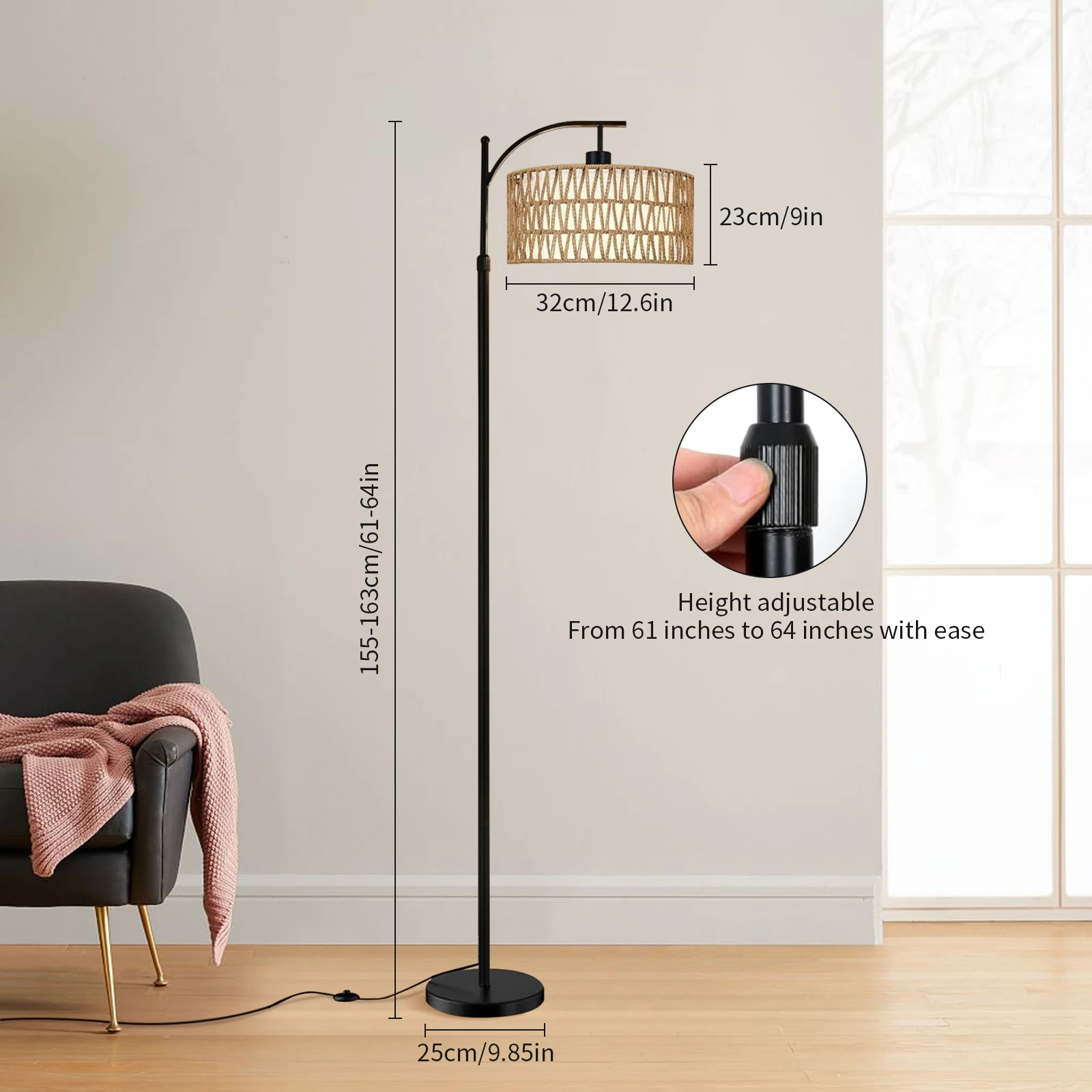 Arc Floor Lamp for Living Room Boho Standing Lamp with Rattan & Fabric Shades with 3 Color Temperature  Adjustable Tall Lamp