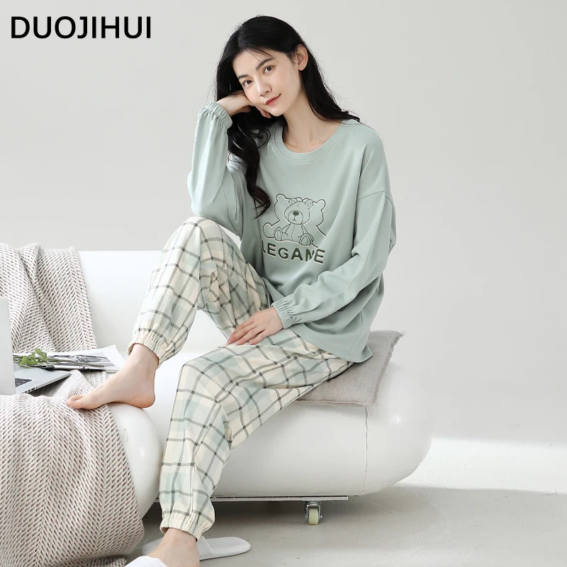 DUOJIHUI Simple Pullover Classic Plaid Pant Casual Pajamas for Women Autumn Fashion Printed Loose Spell Color Female Pajamas Set