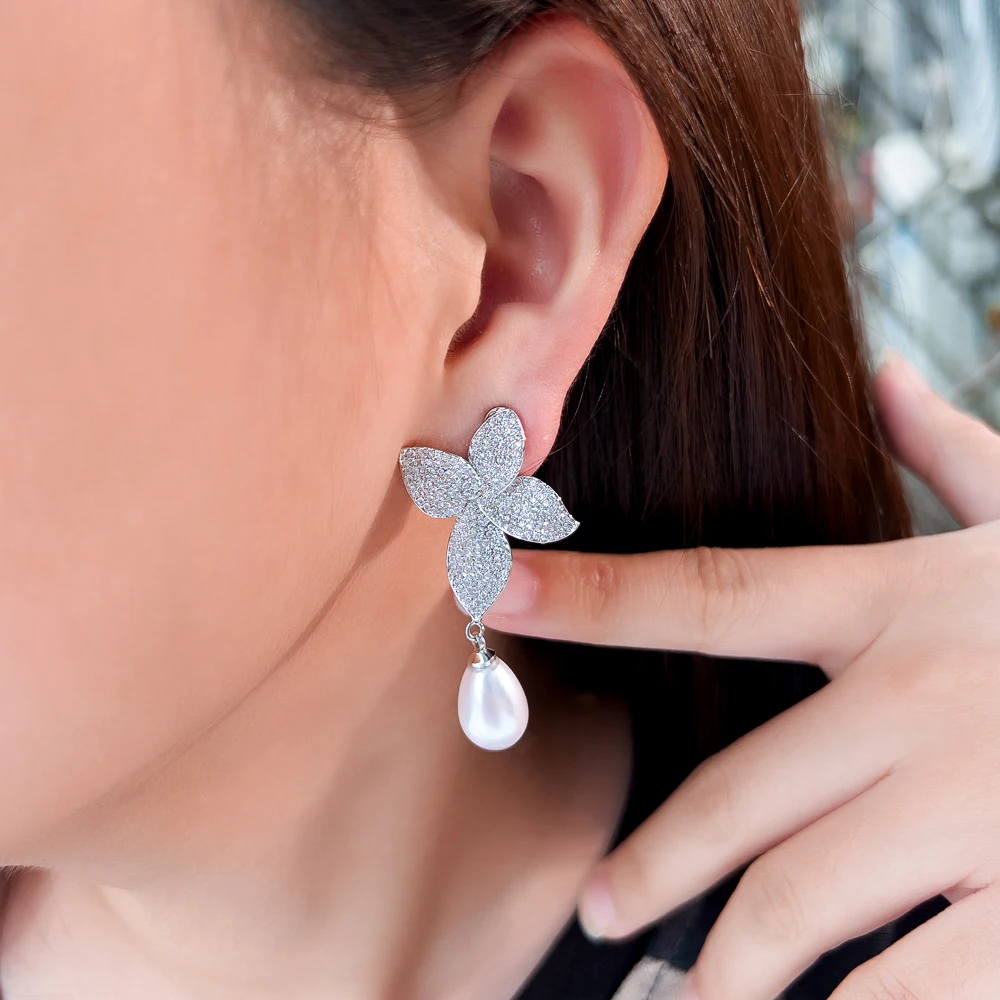 CWWZircons White Cubic Zirconia Long Dangle Water Drop Clip On Non Piercing Wedding Party Bridal Earrings Without Ear Hole CZ917 — zdjęcie 5
