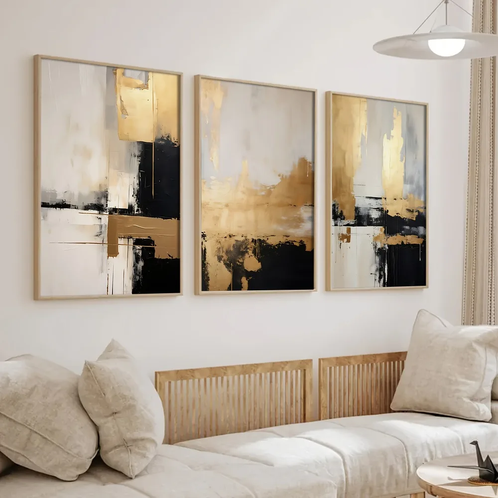 3pcs Frameless Retro,Abstract,Nordic Minimalist,Beige Black and Gold Mixed Painting,Creative Canvas Wall Art,Living Room Decor