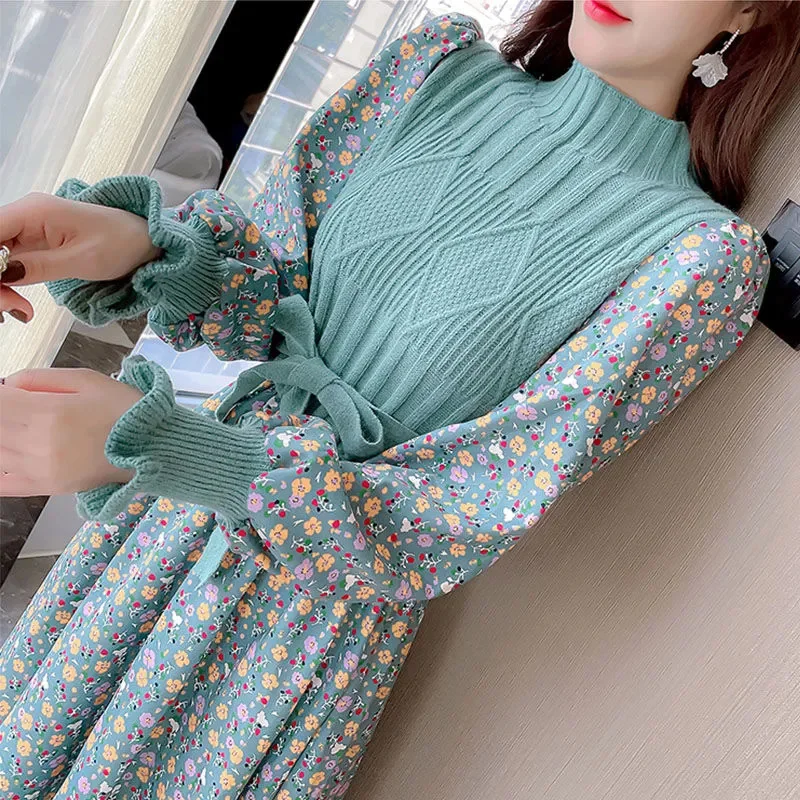 Women's Knitted Dress Autumn Winter New Long Sleeve Corduroy Floral Dress Female Elegant Sweater A-line Long Veatidos Belt