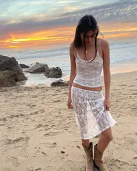 Two Piece Lace Outfit for Women White See Through Sleeveless Crop Tops + Low Waist Mid Skirt y2k Clothes Set Beachwear
