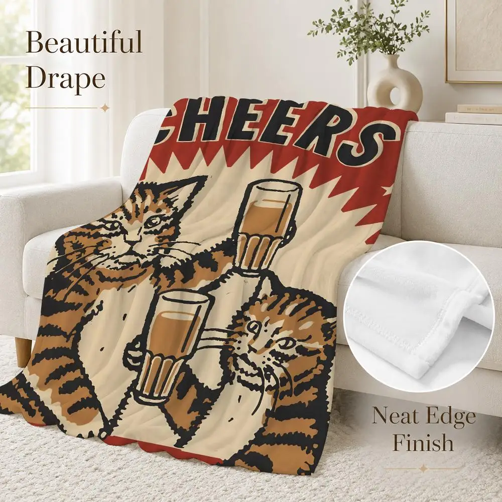 Funny Cheers Drunk Cats Throw Blanket Soft Flannel Throw Lightweight Summer Home Nap for Office Travel Sofa Bed