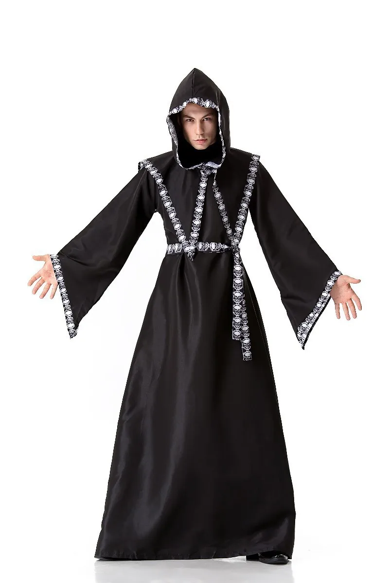 Men's Black Friar Cloak Missionary Hooded Monk Christian Priest Robes Death Ghost Vampire Devil Costumes Halloween Party Cosplay