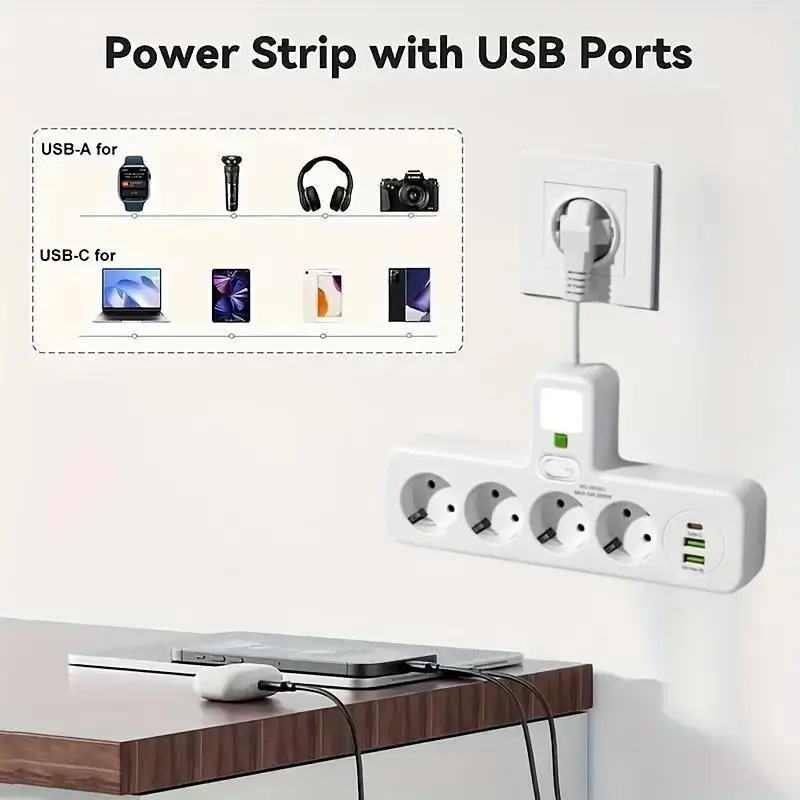 Wall mounted power socket main control switch, 4 sockets and 3 power ports, 2 USB and 1 Type-C, flexible short wire, suitable fo