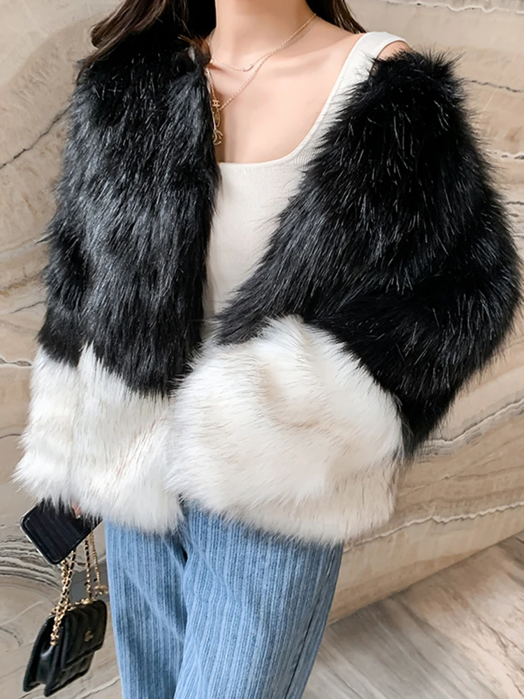 Zoki Elegant Women Faux Fox Fur Coat Winter Fashion Plush Thick Warm Jacket Casual Korean Patchwork Office Lady Casual Outwear