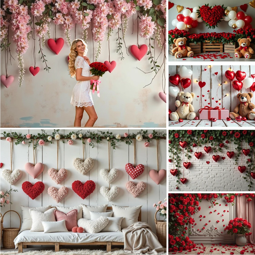 

MOON.QG Valentine's Day Heart Background Plush Heart Cherry Blossom Gift Box Backdrop Couple Photo Studio Photography Photoshoot