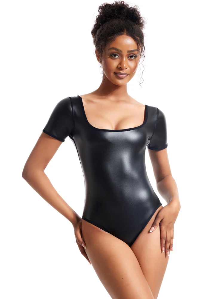 One Pieces Woman Jumpsuit Romper Lady Jumpsuits Playsuit Women Faux Leather Bodysuit Slim Shap Wear Sexy Short Sleeve Sportswear