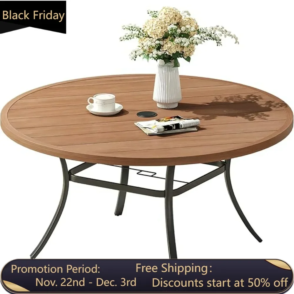 

Circular terrace dining table, metal outdoor dining table with umbrella hole, can accommodate 6-8 people, 54 inch walnut wood