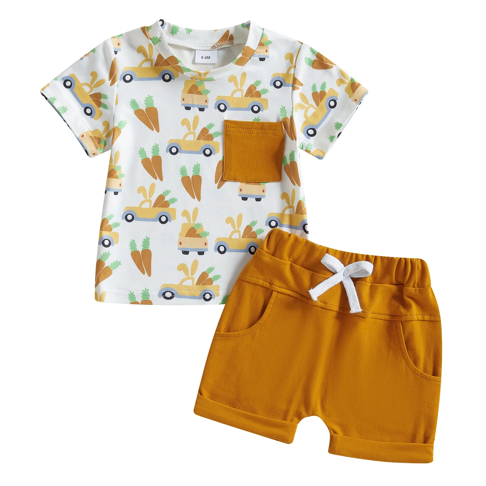 Boutique Easter Toddler Boys Clothes Short Sleeve Dinosaur Carrot Car Print Monochrome Shorts Children Clothes Set