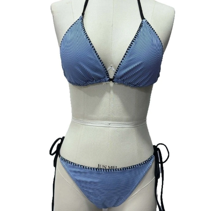 トレンドの韓国風ビキニ水着、レディースブルーストライプタイストリング、ミニマリストセクシー温泉バカンス水着