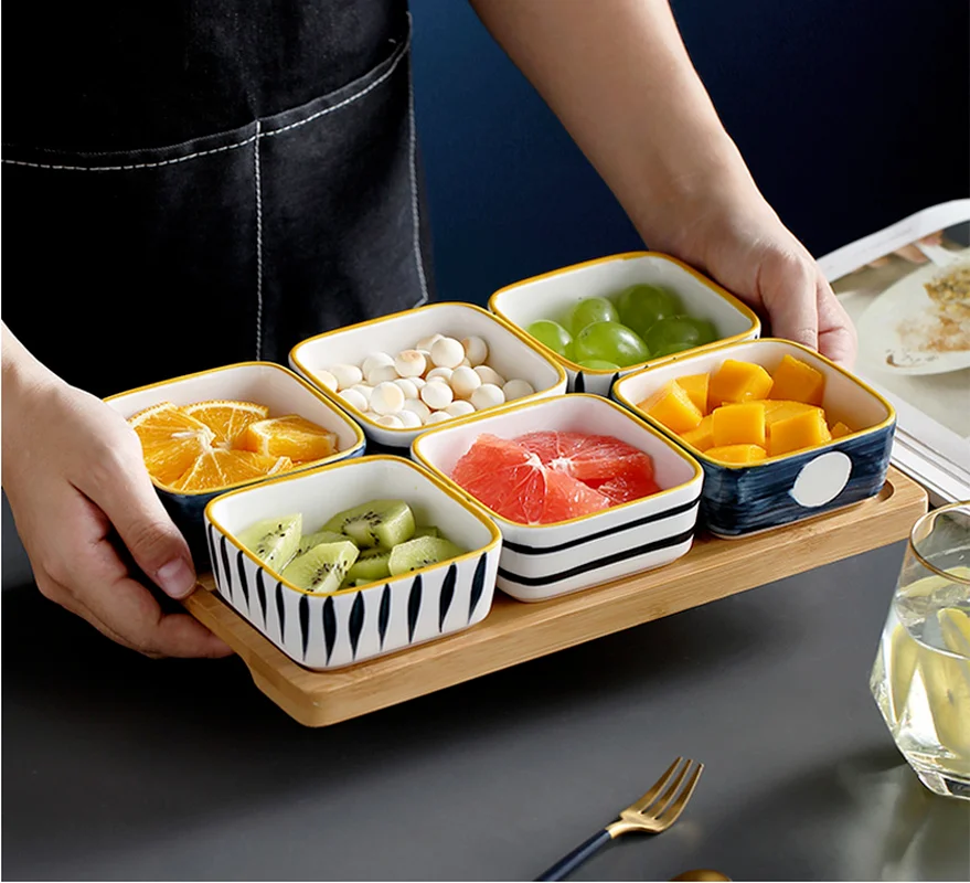 

Fruit Plate Living Room Household Ceramic Divider Bowl Wooden Tray Japanese-style Snack Divided Grid Dried