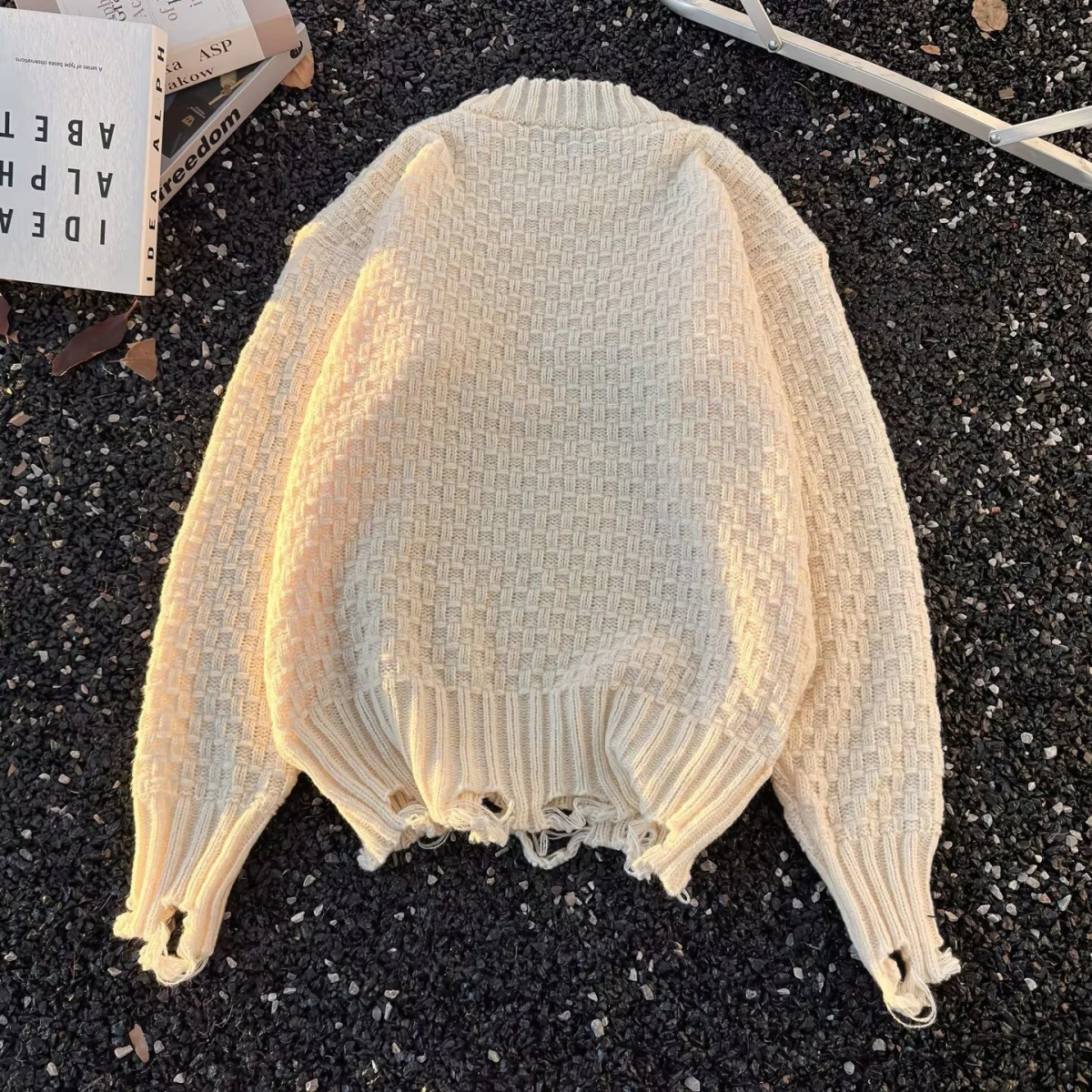 Suéter de Cuello Redondo con Diseño Desgastado Estilo Americano, Hoado e Informal para Hombre, Marca de Moda, Ropa de Pareja