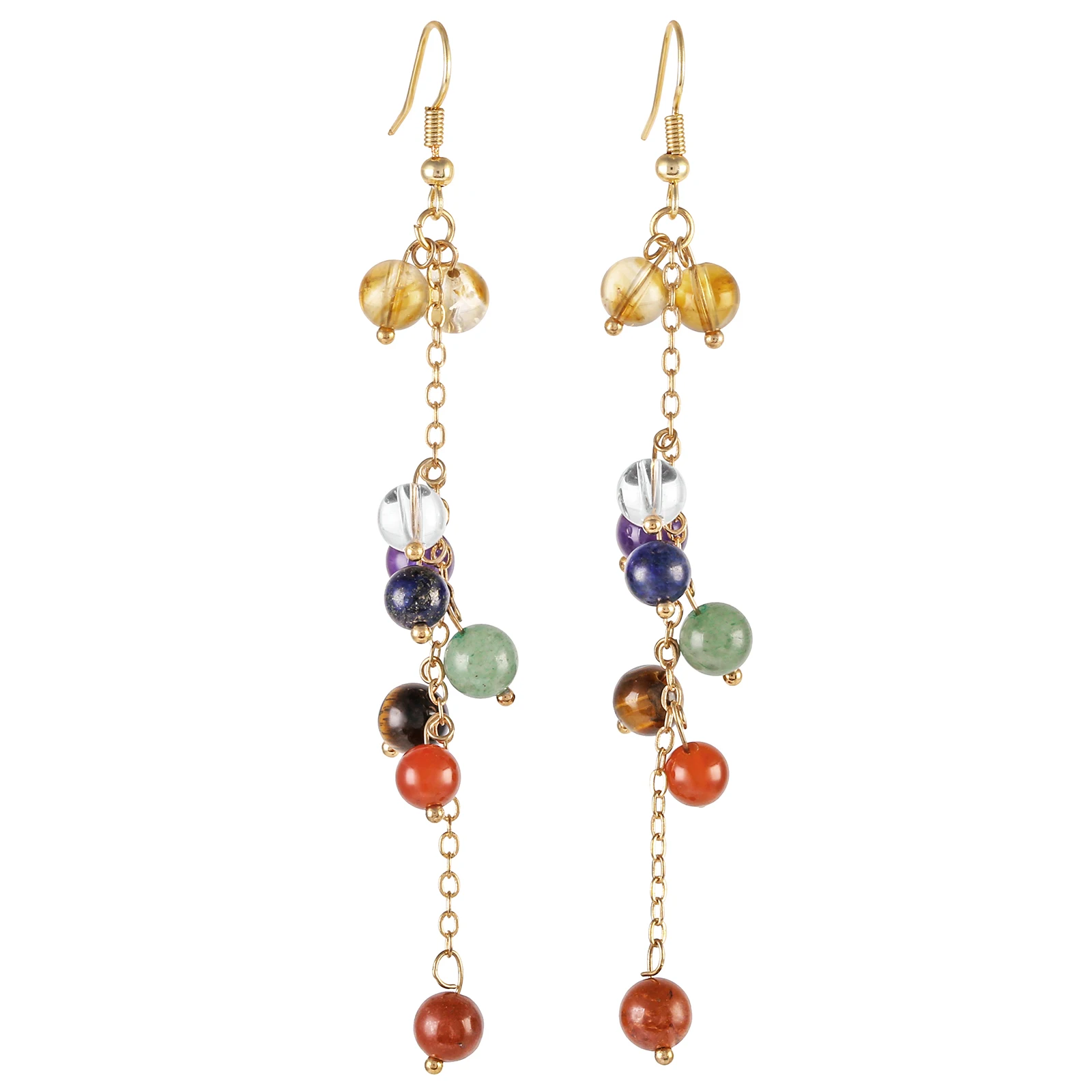 

Healing Crystal Round Stone Beads Drop Earrings Long Chain Dangle Hook Handmade Jewelry For Women
