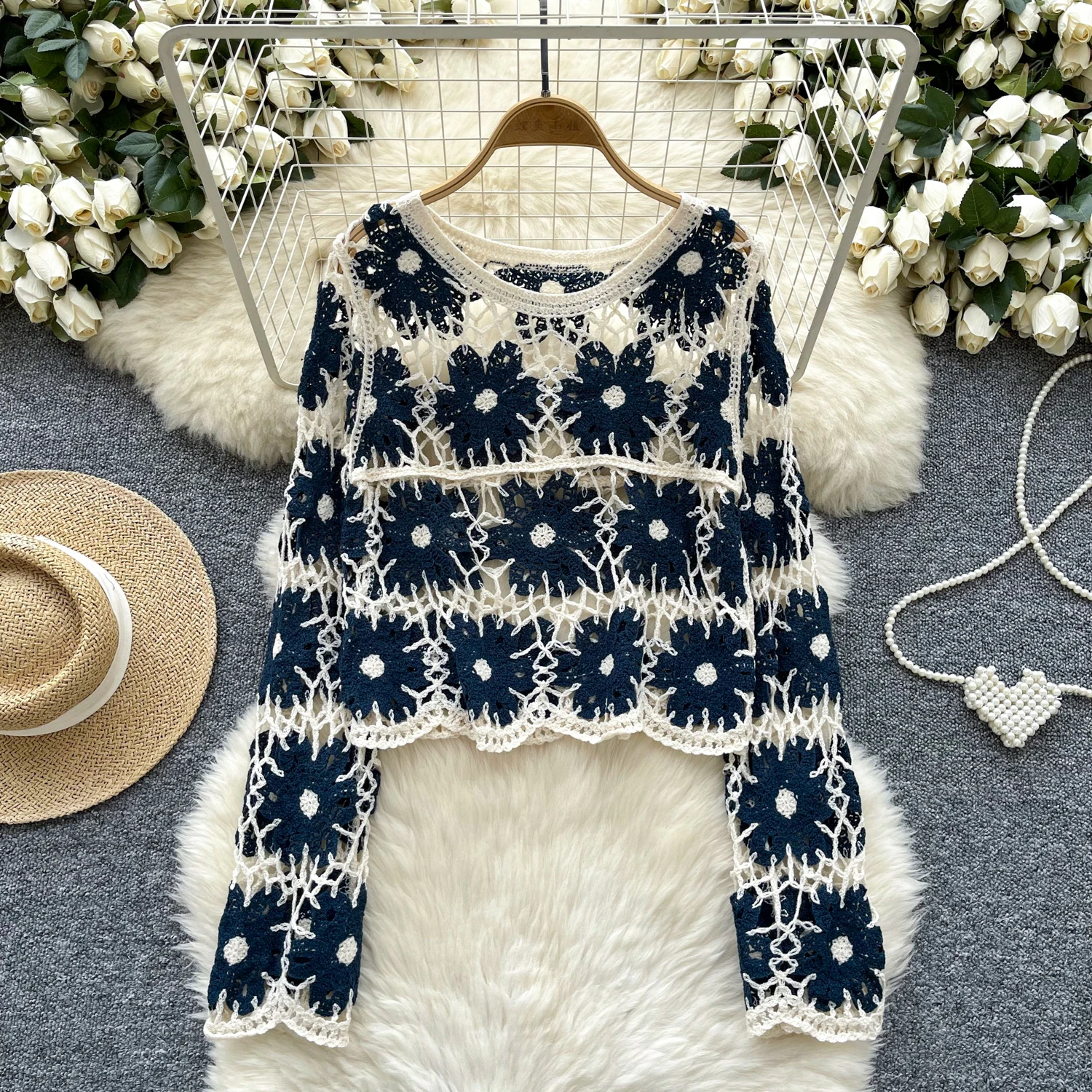 Sheer Crochet Top Long Sleeve Embroidery Daisy Crop KnittedPullover for Women Teen-girl Fall Winter Vintage Cottagecore Outfit