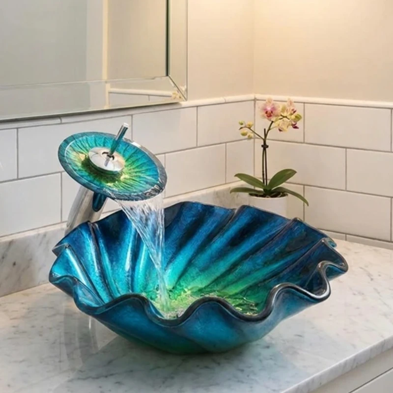 Blue Glass Countertop Bathroom Vessel Sink with OPTIONAL Waterfall Faucet Above Counter Modern Artistic Vessel Bowl Sink Home
