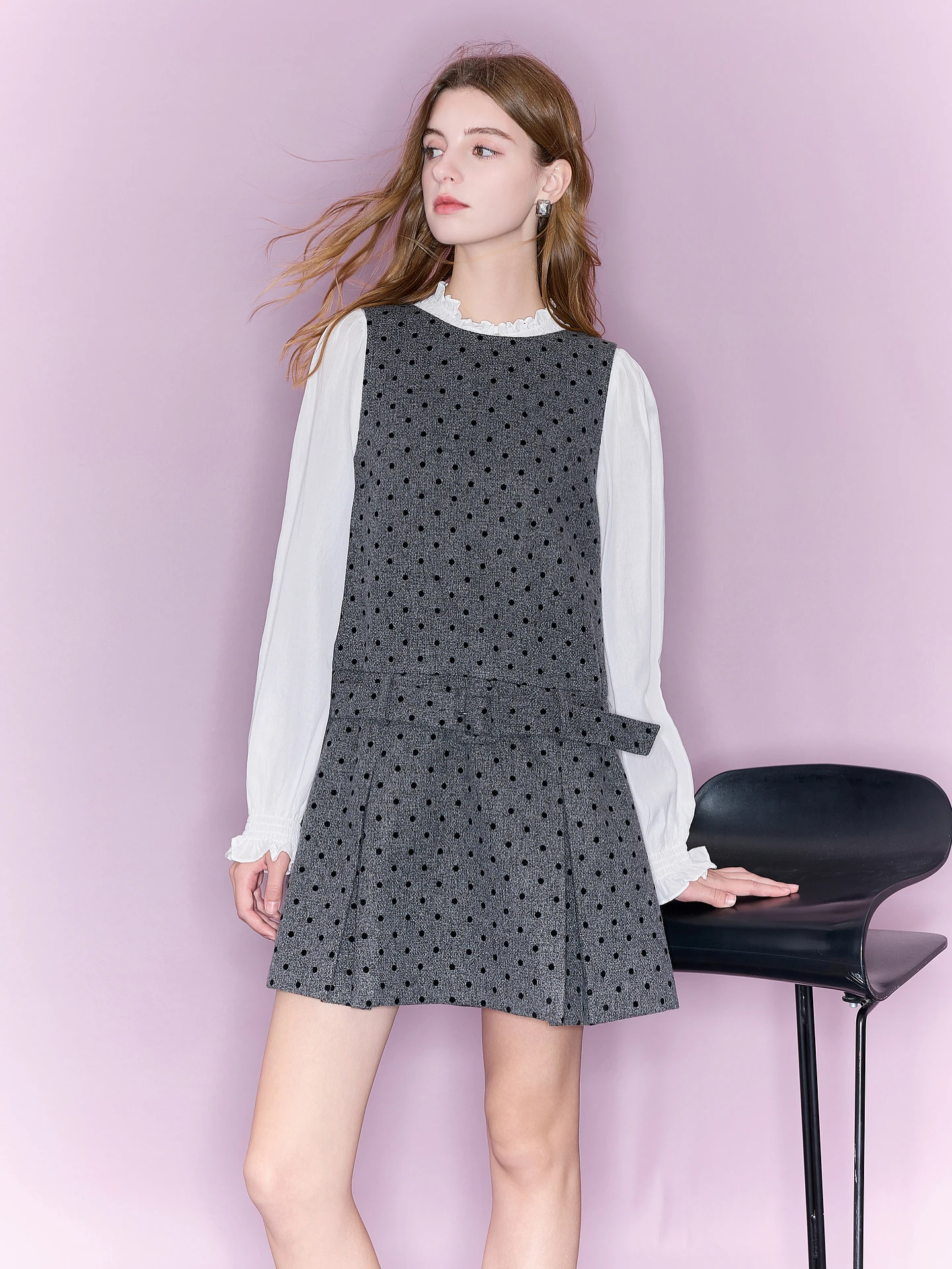 

Жилетка Ibudu2025 зимняя в горошек, круглая горловина, юбка-полусолнце, женская, модная, из полиэфирного волокна, для повседневной носки