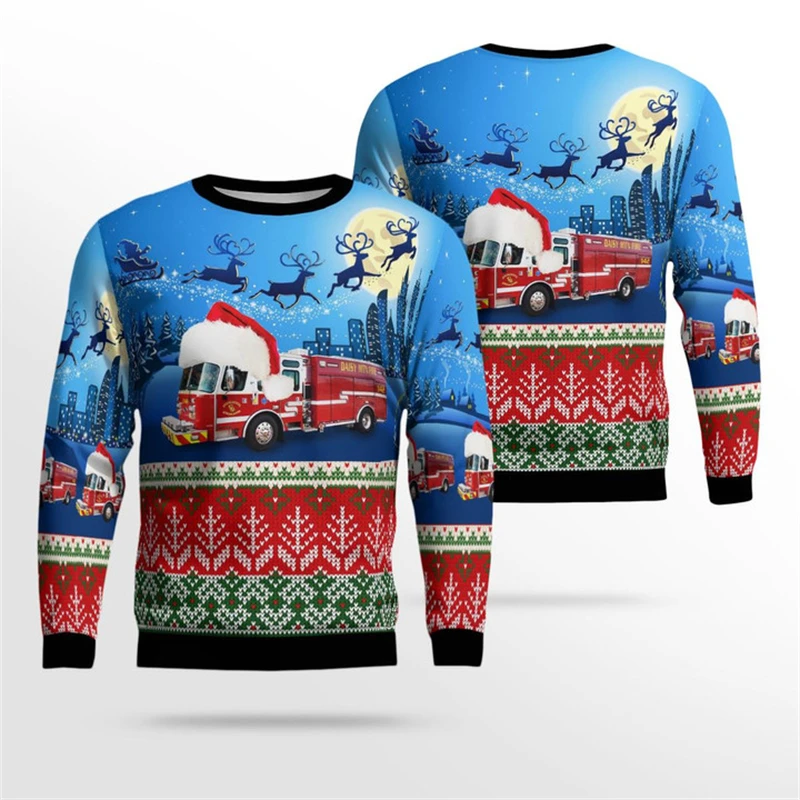 Men Women 3d Print Graphic Sweatshirts Fireman Car Ugly Christmas Sweater Fashion Tracksuit Funny Gifts Pullovers Men Clothes