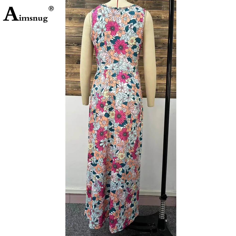 Elegante vestido maxi feminino, Sem mangas, Boho, Estampa de flores, Vestidos de praia, Corte alto, Longo, Hetero, Roupa feminina, Verão, 2024