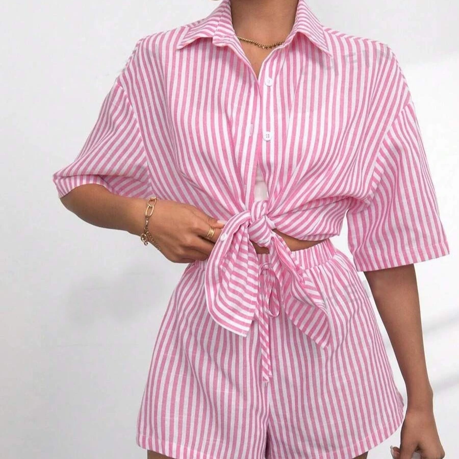 

Women Shorts Pant Set Two Piece Sets Turn Down Collar Casual Loose Shirt Striped Short Pants Elastic Waist Y2k Streetwear 2026