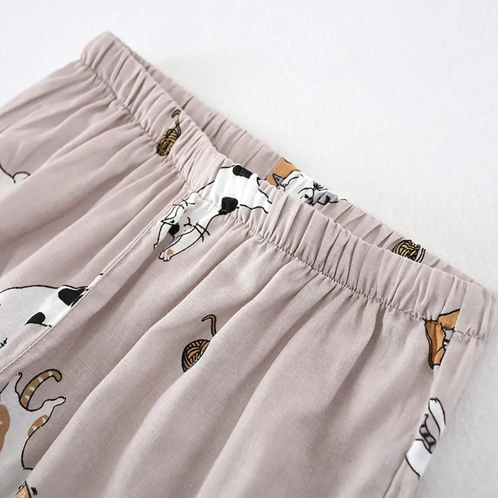 2Pcs Japanese-style Kimono Pajamas Set Cotton Blend Straight Wide Leg Cat Print Tops Long Pants Set Sleeping Home Clothes