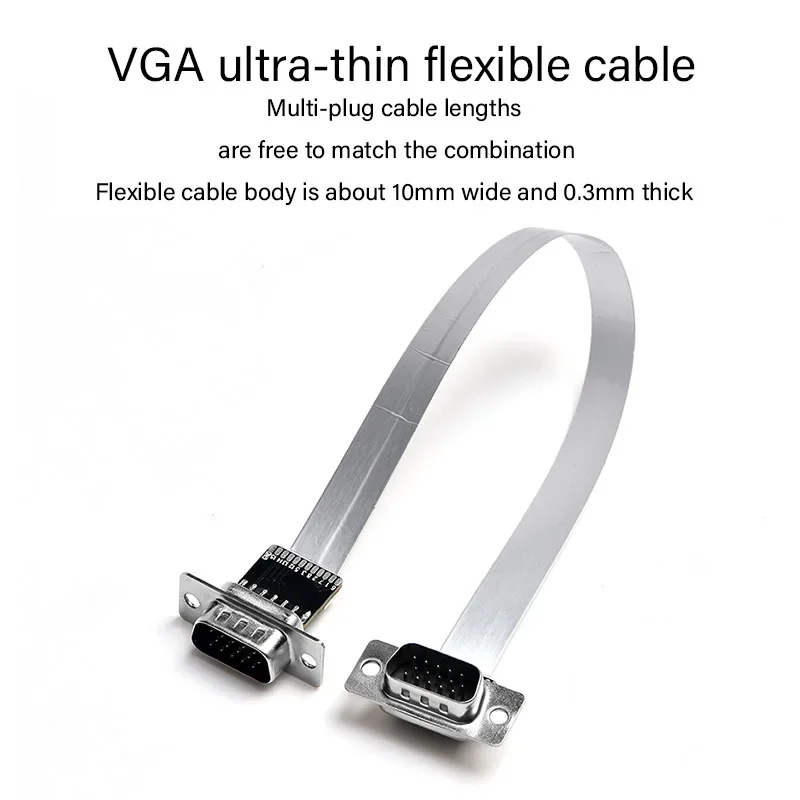 FFC VGA Male To VGA Female Plug 90 Degree Right Angle Up and Down Elbow Ultra-thin Flexible Cable DIY 15pin 3+6 /3+9 Lightweight