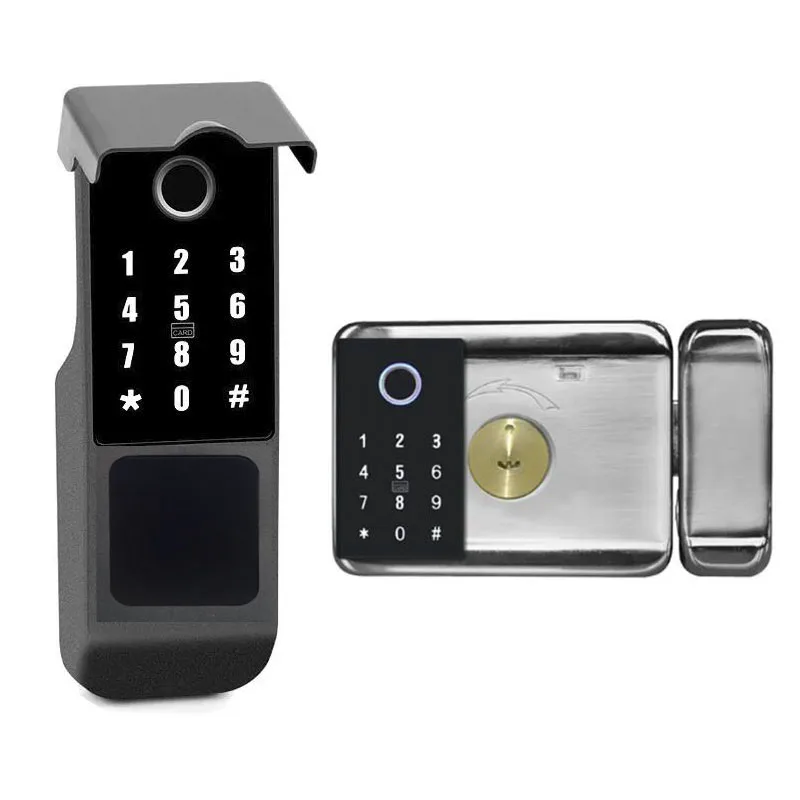 TUYA OR TTLOCK Waterproof Double Side Keypad Fingerprint Outdoor Electronic RIM Lock Intercom Compatible Street Fence Gate Lock