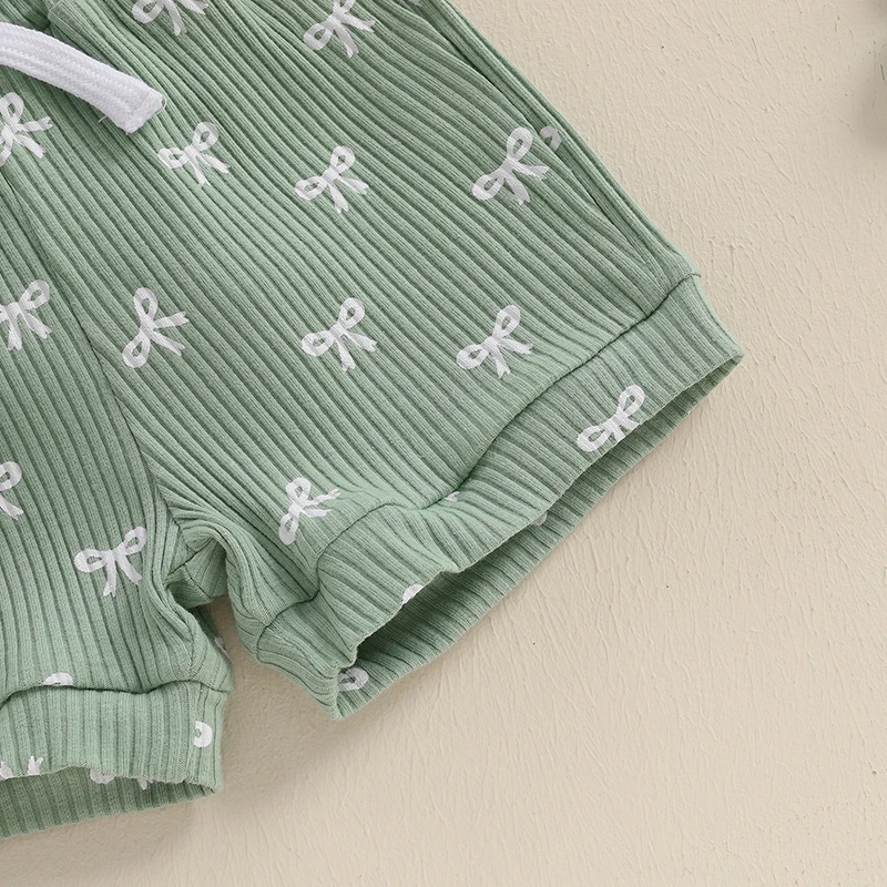 الرضع طفلة ملابس الصيف القوس طباعة قصيرة الأكمام رومبير + شورت الخصر المرن + عقال 3 قطع مجموعة