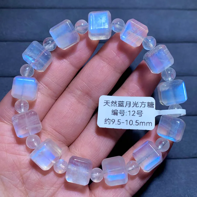 Natural Blue Light Moonstone Clear Cube Beads Bracelet 8x8mm Stretch Women Fashion Jewelry Genuine Moonstone AAAAA