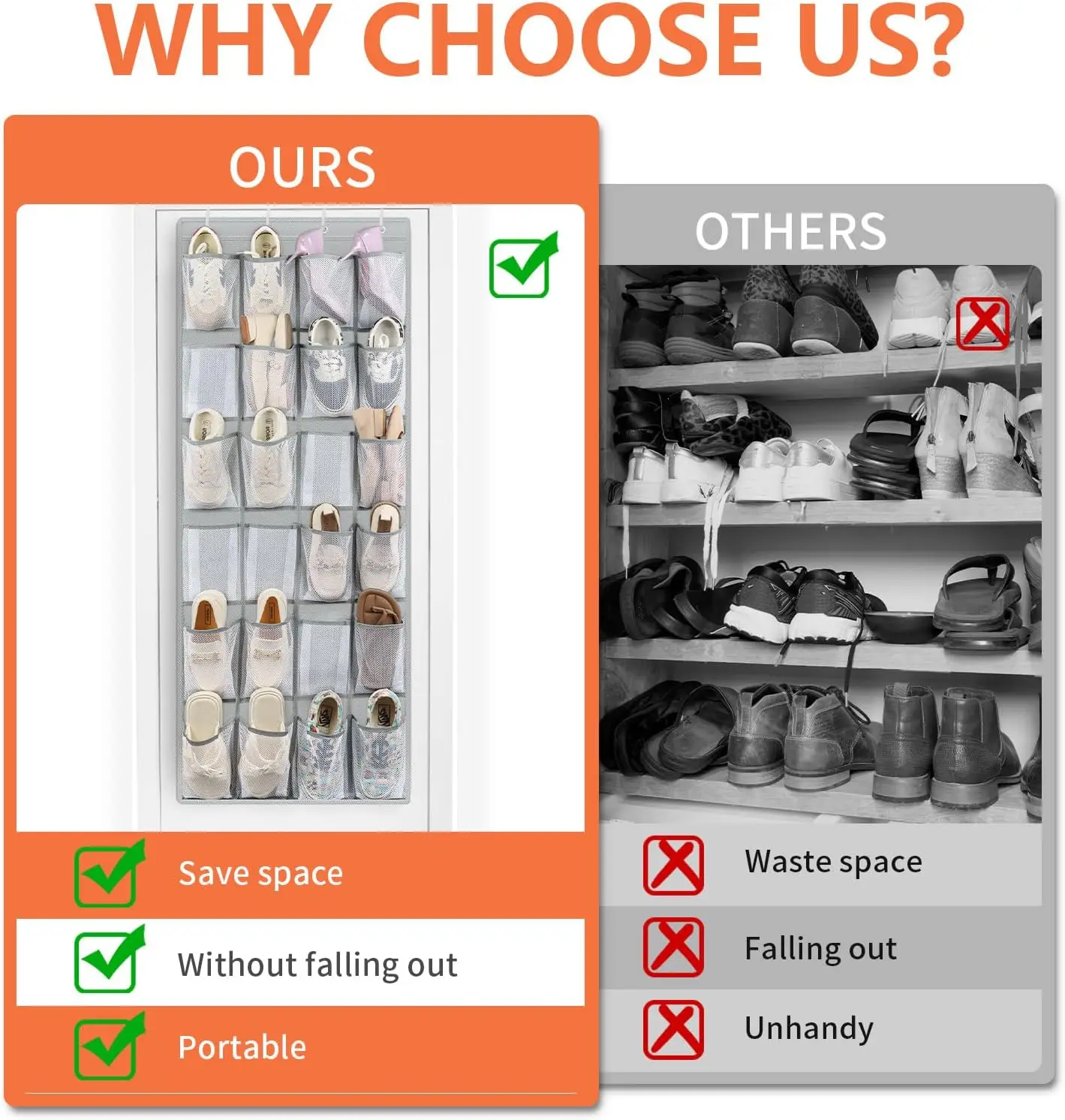 Organisateur de chaussures au-dessus de la porte à 24 poches, rangement en maille peu encombrant pour placards et appartements, gris