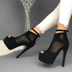 SEIIHEM Women Platform Pumps Peep Toe Stiletto Thin High Heeled Sandals Back Zip Up Faux Suede Shoes Woman Big Size 41 43 47 52