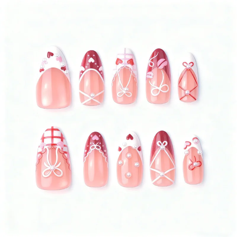 24 قطعة الصحافة الفرنسية الحلو الوردي على الأظافر كاذبة لطيف القوس القلب تعادل الأحمر منقوشة اللوز الأظافر وهمية للنساء الفتيات عيد الحب Ins الأظافر #2