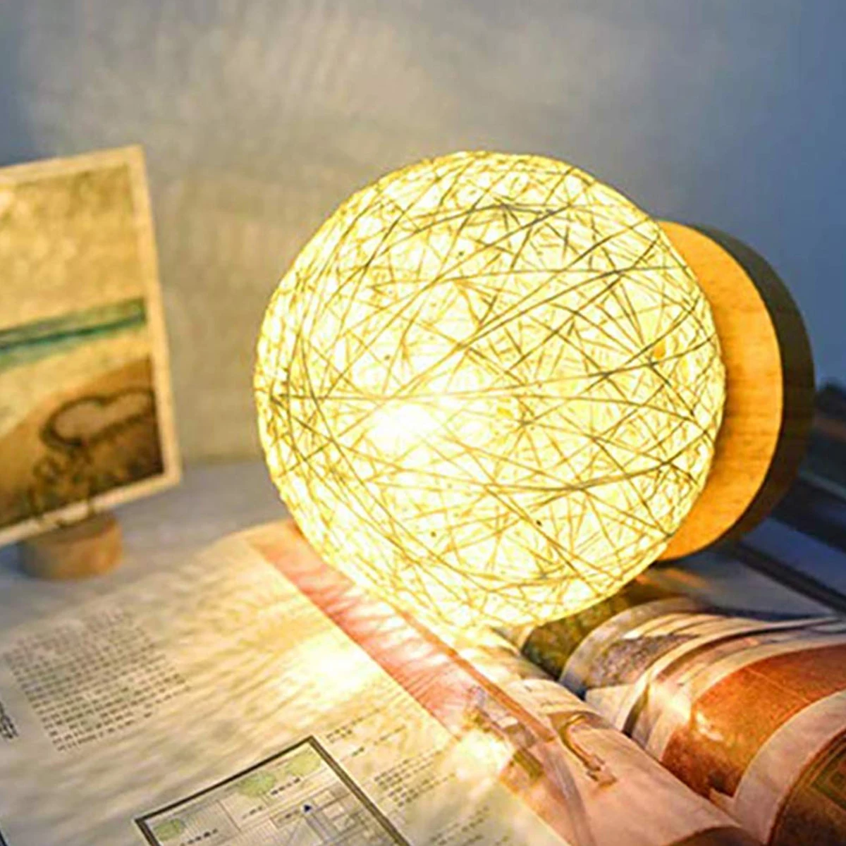 LED Rattan Ball Night Light USB Table Lamp Dimmable Hand-Knit Rattan Ball Lampshade Bedside Lamp Bedroom Decor Moon Night Light