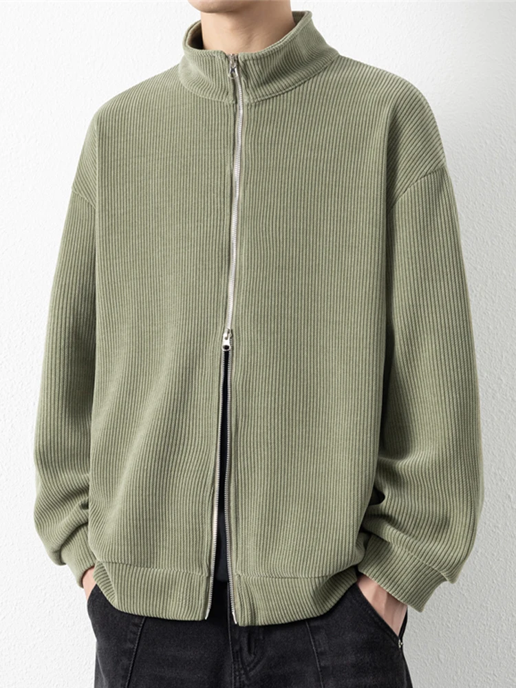 

Вельветовый воротник-стойка, мужской осенний новый однотонный простой повседневный топ на молнии с двойной молнией, молодежный модный прямой подол