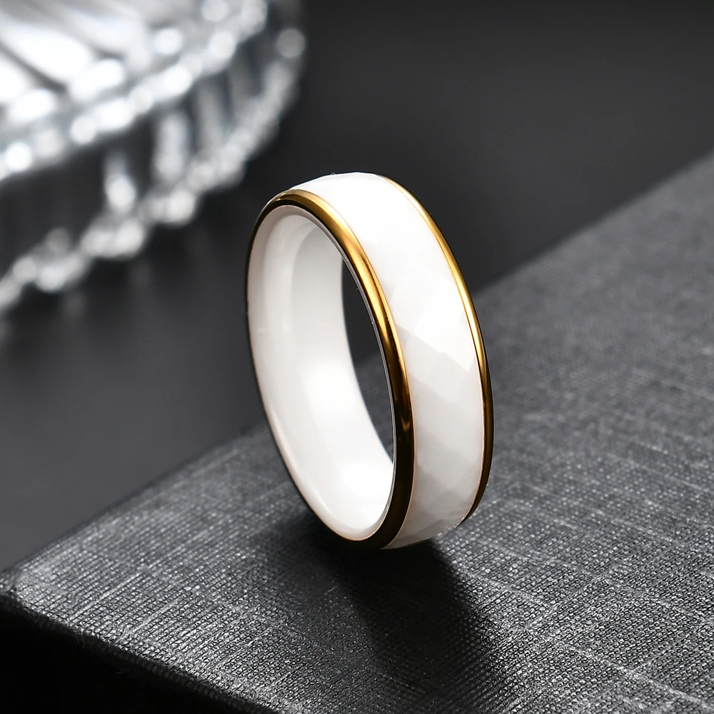 6mm Gold Ceramic Faceted Ring for Women Bands Comfort Fit Engagement Wedding Bands