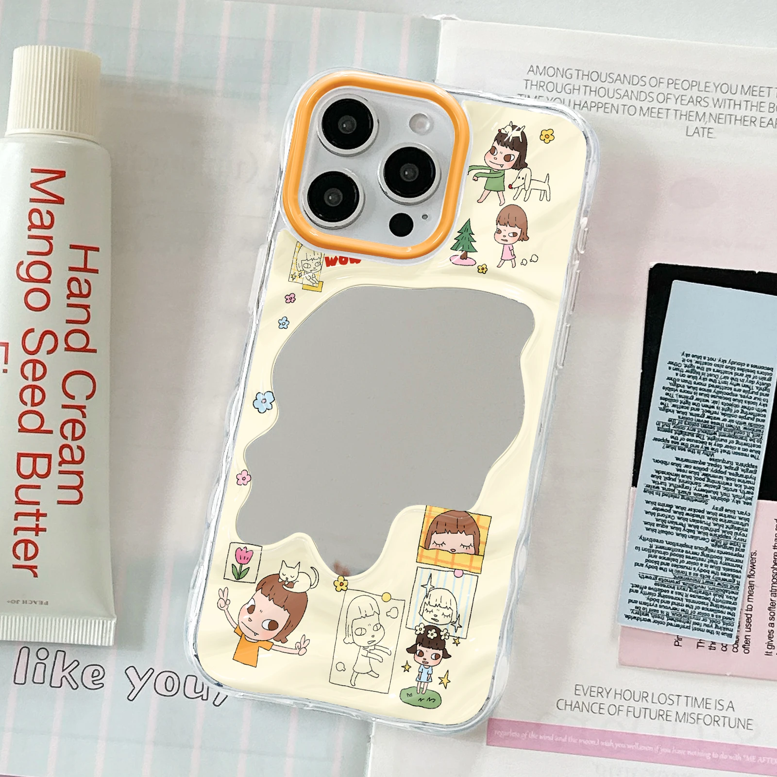Simple Line Cartoon Girl Sticker Mirror Phone Cover, Clear Wavy All-in Orange Camera Frame TPU Case for All iPhone 11-17 Series - view 4