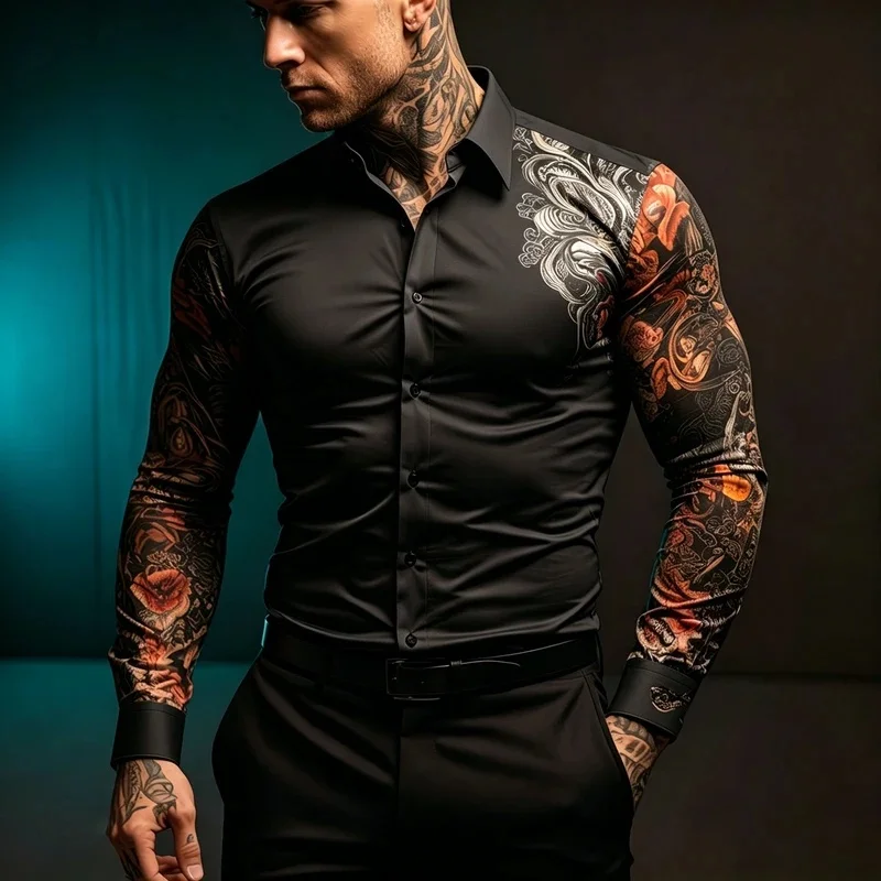 Men's Tattoo Print Long-Sleeve Shirt, Dark Dragon Pattern Slim Fit Stretch Shirt, Trendy Nightclub Style Collared Top