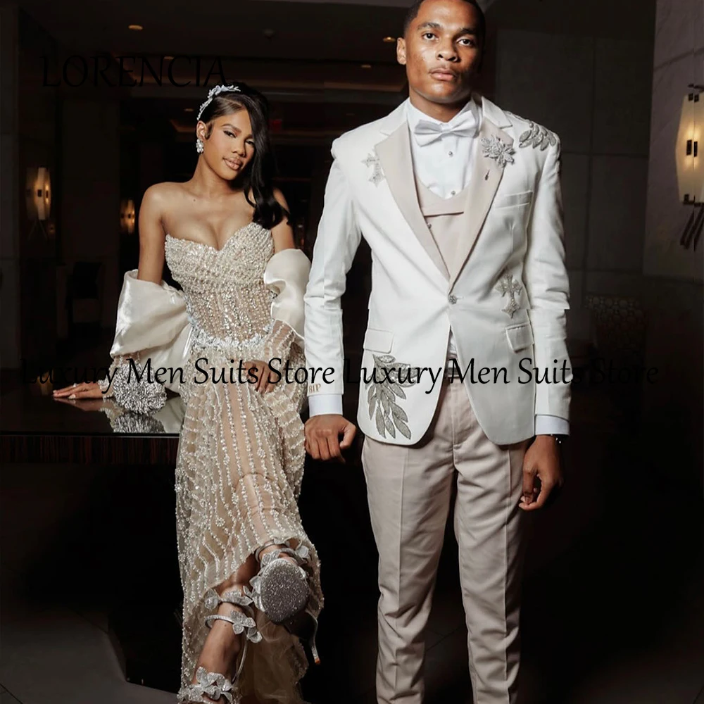 

Classic Crystal Ornaments Male Suits 3 Pieces Single Breasted Tuxedos for Groom Customized Blazer Pants Vest costume homme luxe