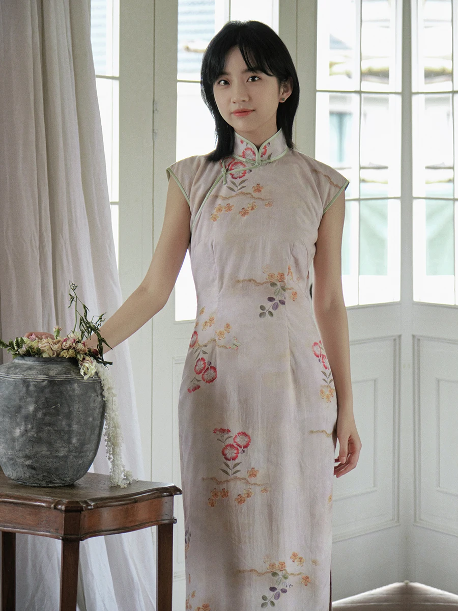 

Летнее винтажное шелковое длинное ципао с боковой молнией, низким разрезом, для повседневной носки, с цветочным узором, из смешанной ткани