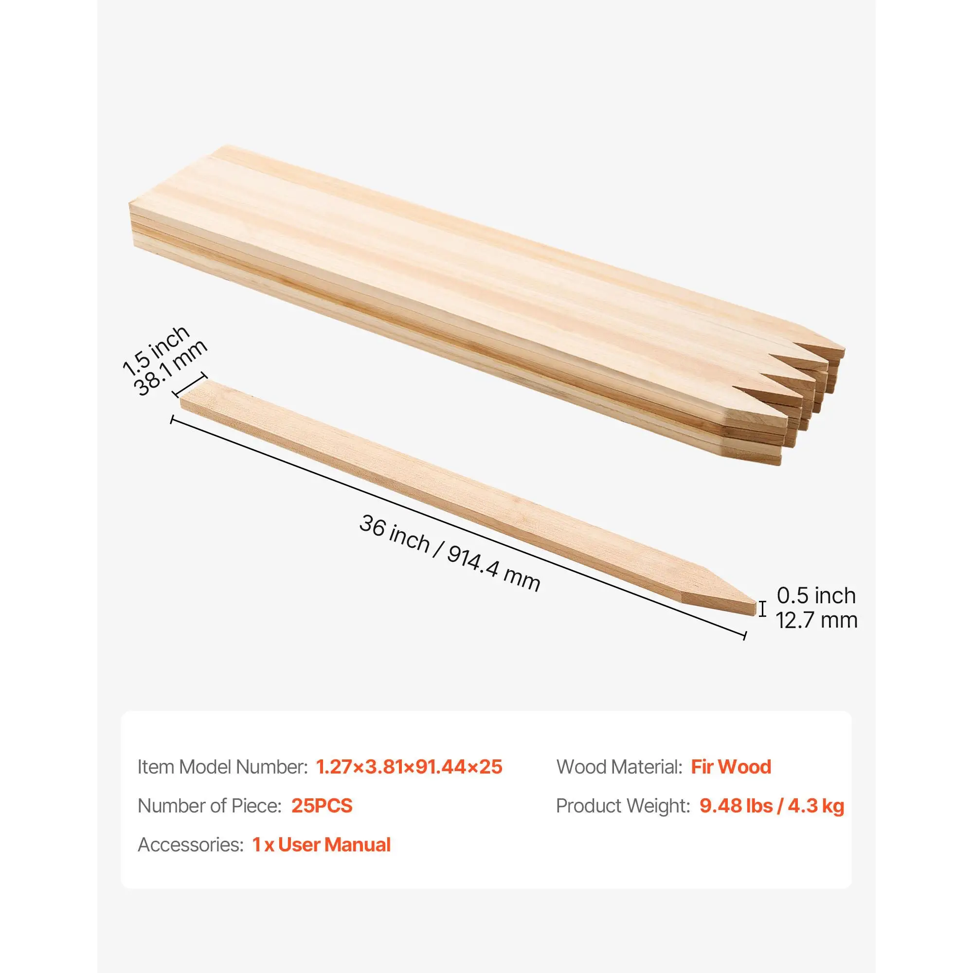 25 Pcs Wooden Garden Stakes 36 x 0.5 x 1.5 in Fir Wood Plant Support Stakes with Sharp Point for Survey Grading Backyard Boundaries Signs and for silt Fence Baselines