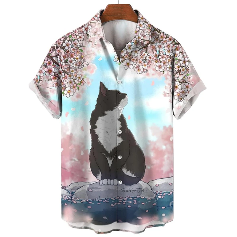 

Fashion Cats Graphic Hawaiian Shirts For Men Summer Casual Cute Cat 3D Printed Short Sleeve Blouse Loose Harajuku Shirt Tops