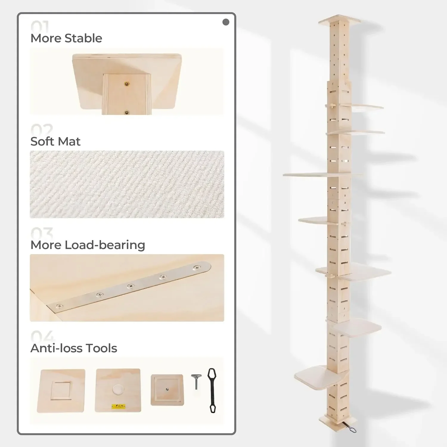 Tall Cat Tree Floor to Ceiling Cat Tower with Adjustable Height Cat Climbing Activity Tree with Platform, Natural