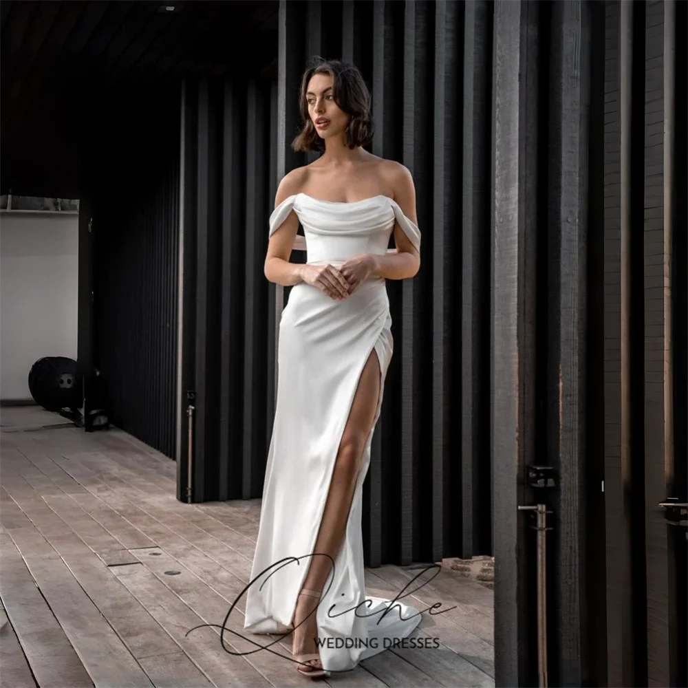 QICHE Classic Pleat Off The Shoulder Wedding Dresses Strapless Pleat High Slit Bridal Party Gowns Customized Vestidos De Novia