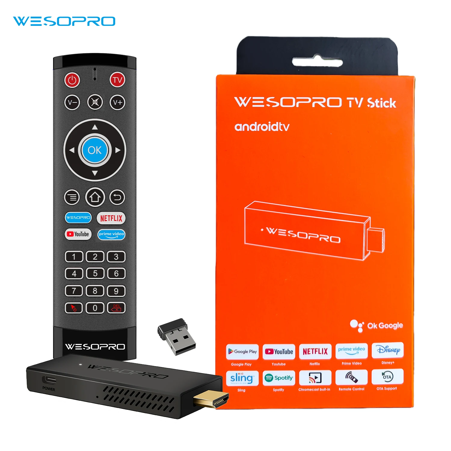 WESOPRO TV Stick 1GB RAM 8GB ROM RK3518 Quad-Core Android 14.0 Media Player with Wifi6 BT5.0 And 2.4GHz Wireless Remote Control