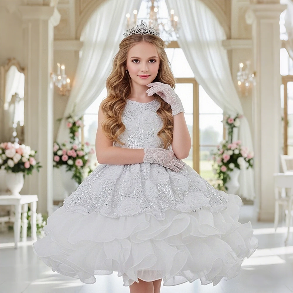 White Costume For Children Elegant Luxury Shiny Evening Dress Girls Party Dresses Rose Embroidery Sequin Girl Princess Dress