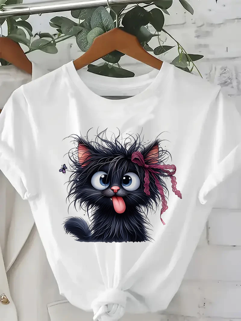 Women's Funny Fried Cat Cartoon T-Shirt with Playful Bow Butterfly Print  Women's Casual  Short Sleeve T Shirt Clothing Top Tee